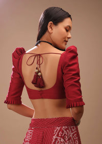 Lipstick Red Blouse In Raw Silk With Puff Shoulders And Half Sleeves