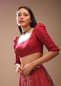 Lipstick Red Blouse In Raw Silk With Puff Shoulders And Half Sleeves