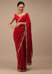 Lipstick Red Georgette Saree Adorned With Golden Zardozi Embroidery & Detailing, And Cut Dana Fringes