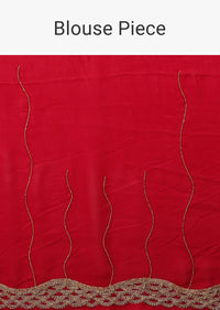 Lipstick Red Georgette Saree Adorned With Golden Zardozi Embroidery & Detailing, And Cut Dana Fringes