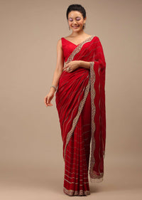 Lipstick Red Georgette Saree Adorned With Golden Zardozi Embroidery & Detailing, And Cut Dana Fringes