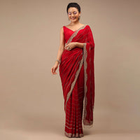 Lipstick Red Georgette Saree Adorned With Golden Zardozi Embroidery & Detailing, And Cut Dana Fringes