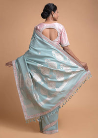 Liquid Blue Saree In Silk With Weaved Floral Buttis And Gotta Patch Embroidered Border Online - Kalki Fashion