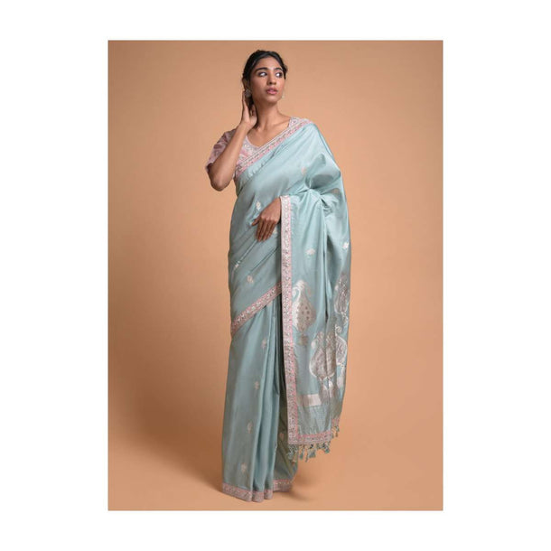 Liquid Blue Saree In Silk With Weaved Floral Buttis And Gotta Patch Embroidered Border Online - Kalki Fashion