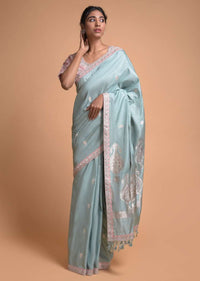 Liquid Blue Saree In Silk With Weaved Floral Buttis And Gotta Patch Embroidered Border Online - Kalki Fashion