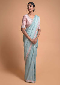 Liquid Blue Saree In Silk With Weaved Floral Buttis And Gotta Patch Embroidered Border Online - Kalki Fashion