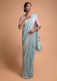 Liquid Blue Saree In Silk With Weaved Floral Buttis And Gotta Patch Embroidered Border Online - Kalki Fashion