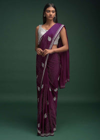 Lollipop Purple Saree In Satin Blend With Zardozi And Stone Work In Diagonal Stripe And Ethnic Motifs Online - Kalki Fashion