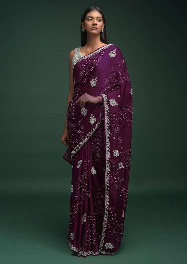 Lollipop Purple Saree In Satin Blend With Zardozi And Stone Work In Diagonal Stripe And Ethnic Motifs Online - Kalki Fashion