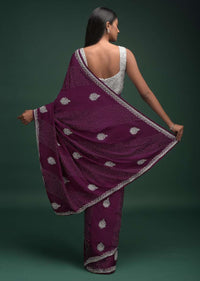Lollipop Purple Saree In Satin Blend With Zardozi And Stone Work In Diagonal Stripe And Ethnic Motifs Online - Kalki Fashion