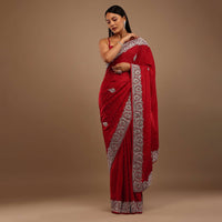 lollipop Red Satin Saree With Stone Work In Floral Pattern