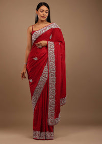 lollipop Red Satin Saree With Stone Work In Floral Pattern