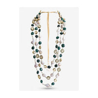 Long Layered Necklace Strung With Baroque Pearls, Sparkling Kundan And Striking Semi-Precious Green Stones By Prerto