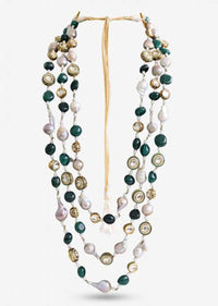 Long Layered Necklace Strung With Baroque Pearls, Sparkling Kundan And Striking Semi-Precious Green Stones By Prerto