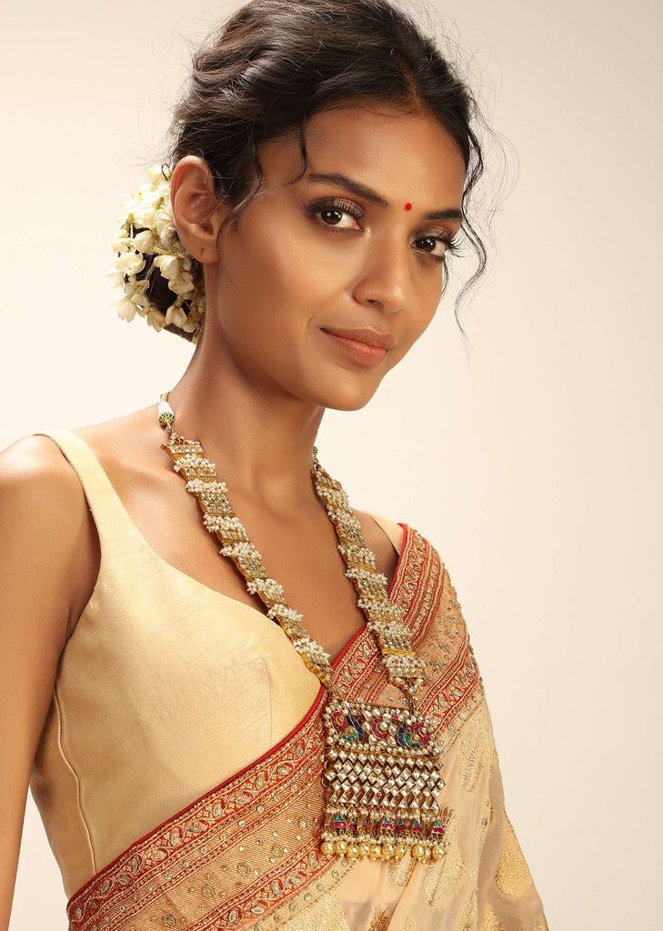 Long Gold Plated Jadau Necklace With Paachi Kundan Work And Semi Precious Stone