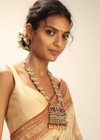Long Gold Plated Jadau Necklace With Paachi Kundan Work And Semi Precious Stone