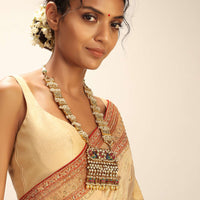 Long Gold Plated Jadau Necklace With Paachi Kundan Work And Semi Precious Stone