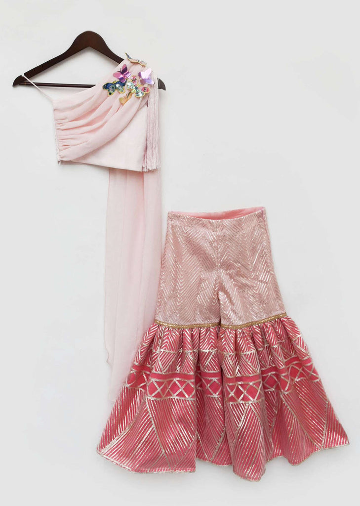Kalki Girls Pink sharara and crop top suit with 3D butterflies, attached drape and gotta work by fayon kids