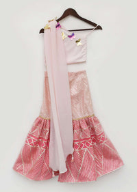 Kalki Girls Pink sharara and crop top suit with 3D butterflies, attached drape and gotta work by fayon kids