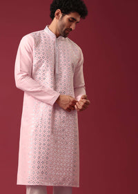 Lotus Pink Kurta Set In Silk With Mirror Work