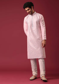 Lotus Pink Kurta Set In Silk With Mirror Work