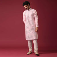 Lotus Pink Kurta Set In Silk With Mirror Work