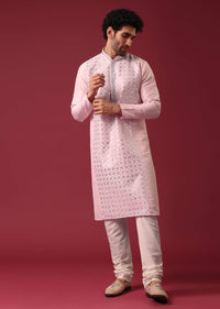 Lotus Pink Kurta Set In Silk With Mirror Work