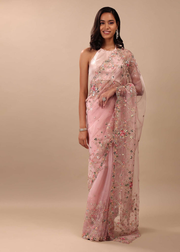 Blush Pink Saree In Organza With Floral & Mirror Embroidery