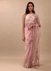 Blush Pink Saree In Organza With Floral & Mirror Embroidery