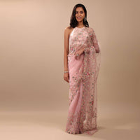 Blush Pink Saree In Organza With Floral & Mirror Embroidery