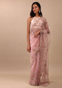 Blush Pink Saree In Organza With Floral & Mirror Embroidery