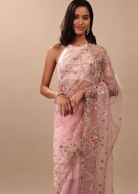 Blush Pink Saree In Organza With Floral & Mirror Embroidery