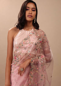 Blush Pink Saree In Organza With Floral & Mirror Embroidery