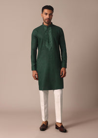 Lush Green Linen Kurta With Intricate Yoke Work