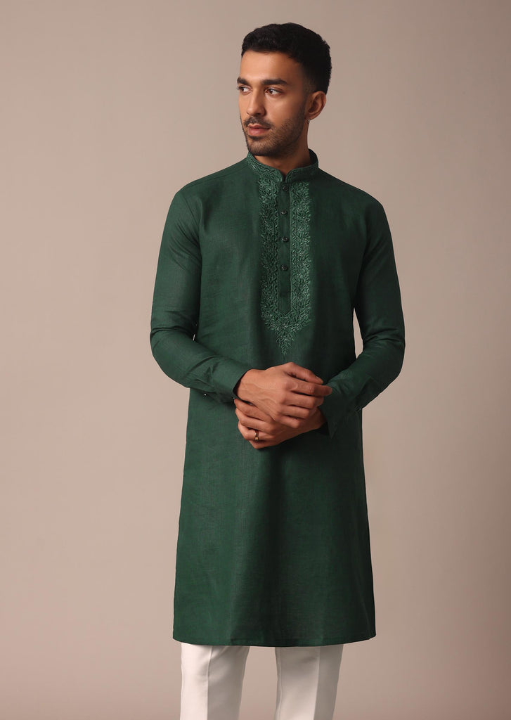 Lush Green Linen Kurta With Intricate Yoke Work