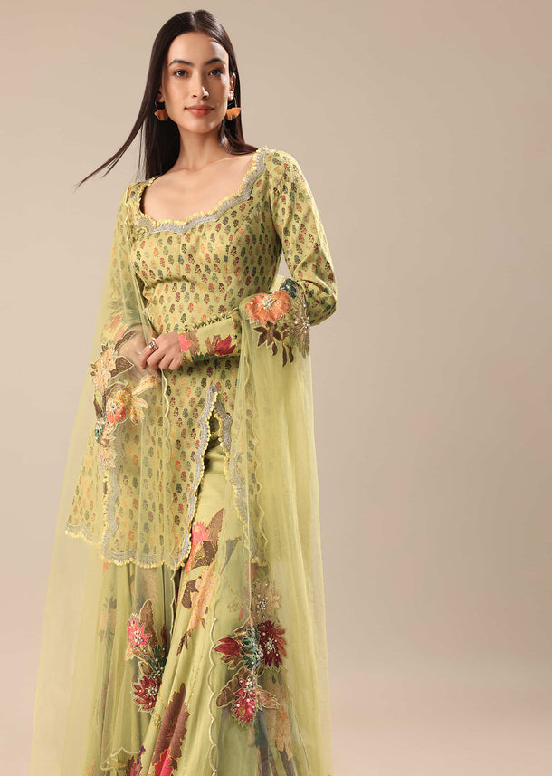 Lush Green Satin Silk Kurta Sharara Set