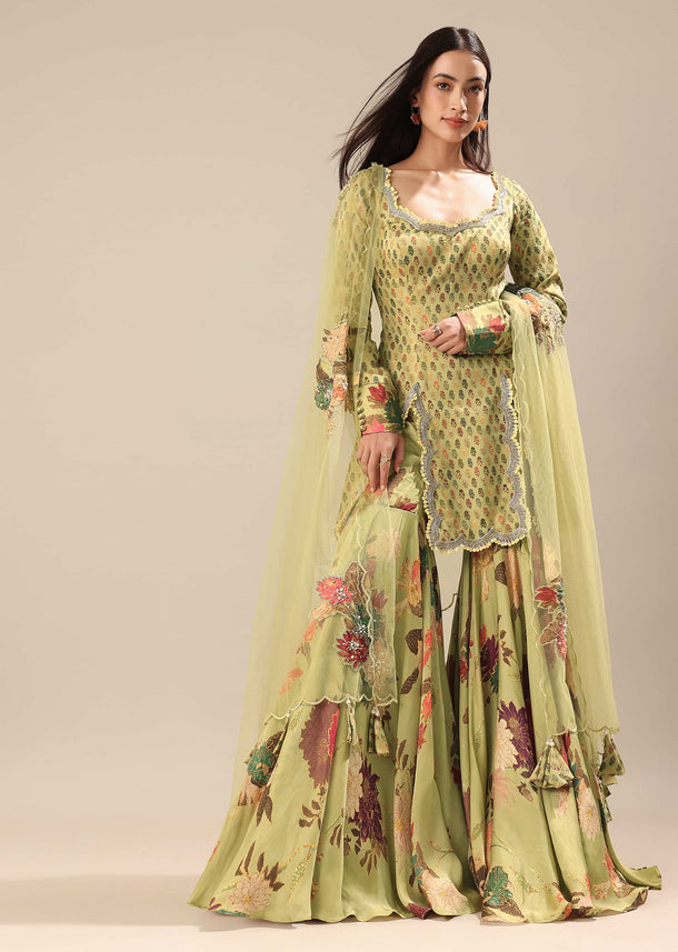 Lush Green Satin Silk Kurta Sharara Set