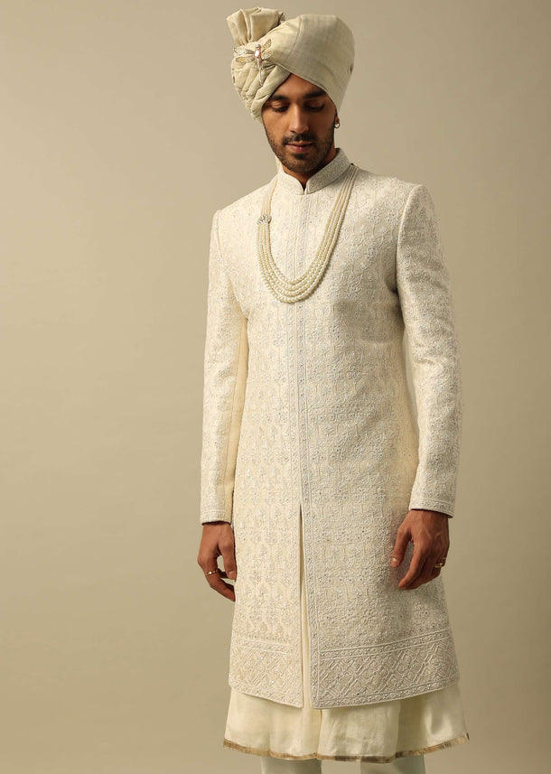 Luxurious White Raw Silk Sherwani