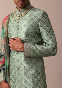 Luxury Green Sherwani Set With Intricate Embroidery