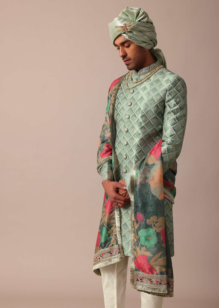 Luxury Green Sherwani Set With Intricate Embroidery