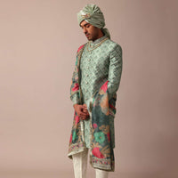 Luxury Green Sherwani Set With Intricate Embroidery