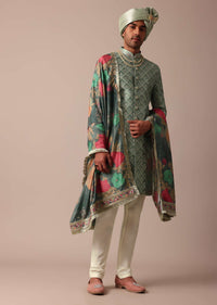 Luxury Green Sherwani Set With Intricate Embroidery