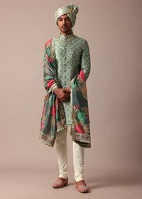 Luxury Green Sherwani Set With Intricate Embroidery