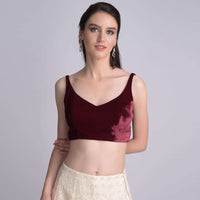 Burgundy Sleeveless Blouse In Velvet With Curved V Neckline