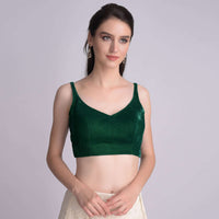 Forest Green Sleeveless Blouse In Velvet With Curved V Neckline