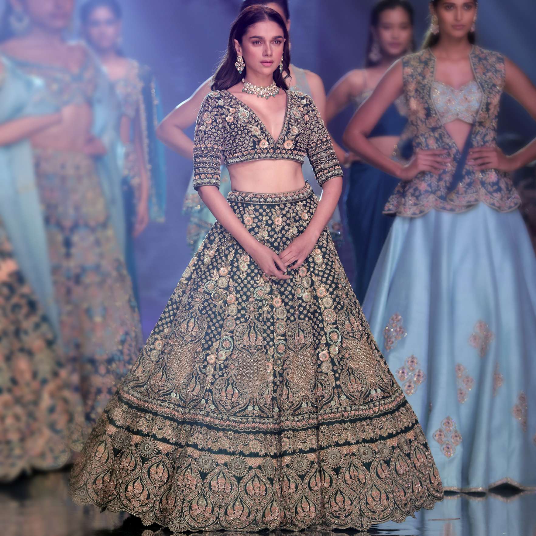 Aditi Rao Hydari As Kalki Showstopper In Emerald Green Lehenga Choli With Hand Embroidered 3D Floral Pattern