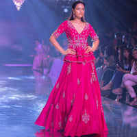 Fuschia Rose Lehenga And Peplum Top With Hand Embroidered Embossed Work