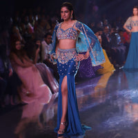 Seaside Blue Mermaid Cut Skirt And Crop Top With Embossed Embroidery And A Cape Jacket