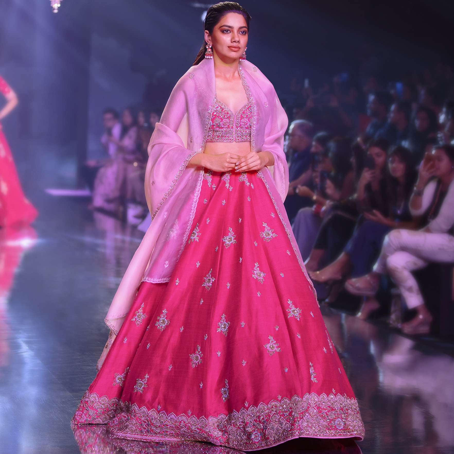 Fuschia Rose Lehenga Choli With Hand Embroidered Buttis In Embossed Embroidery