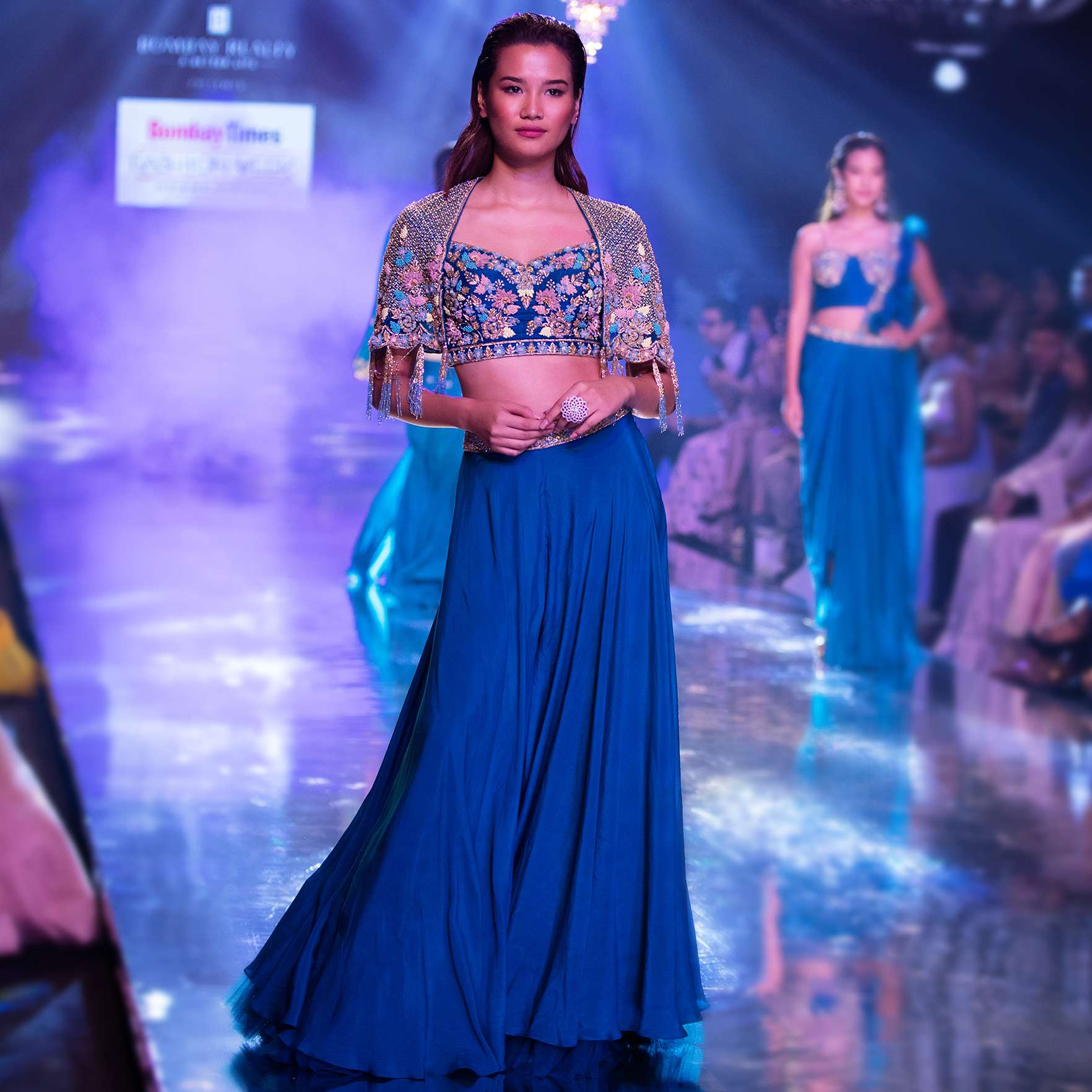 Seaside Blue Crop Top And Palazzo With Embossed Embroidery And Hand Crafted Cape